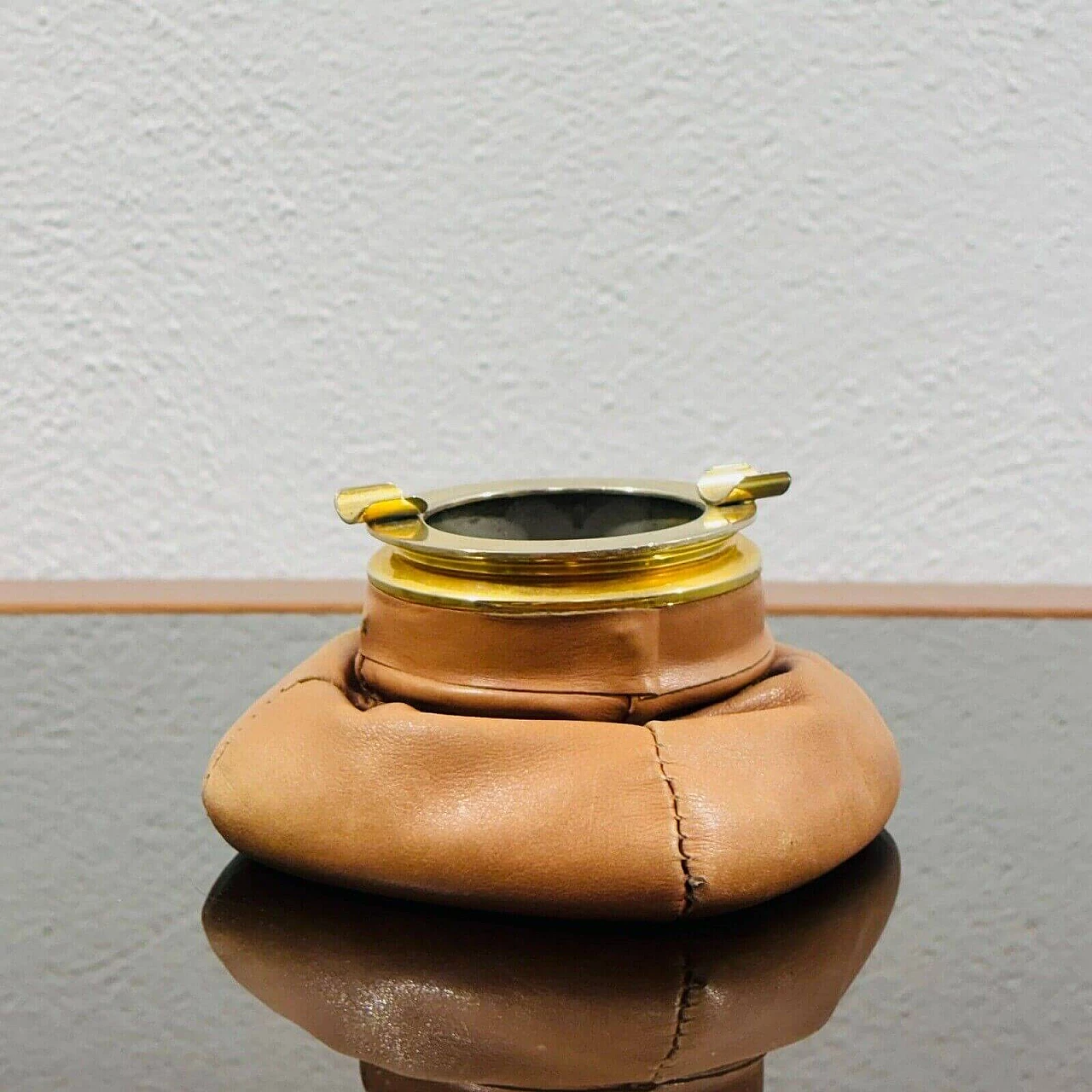 Leather and brass armchair ashtray, 1970s 3