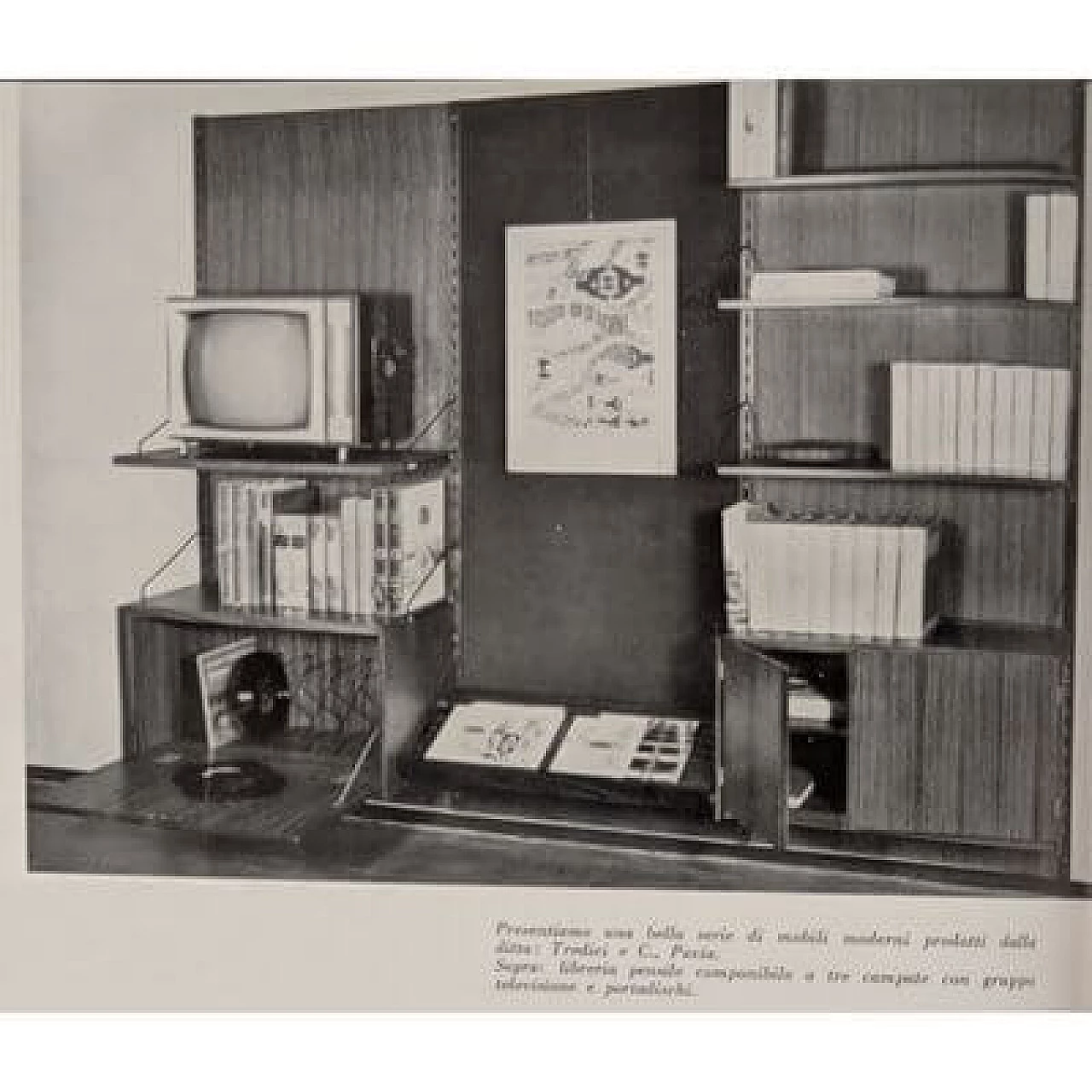 Wall-mounted teak and brass bookcase, 1960s 10