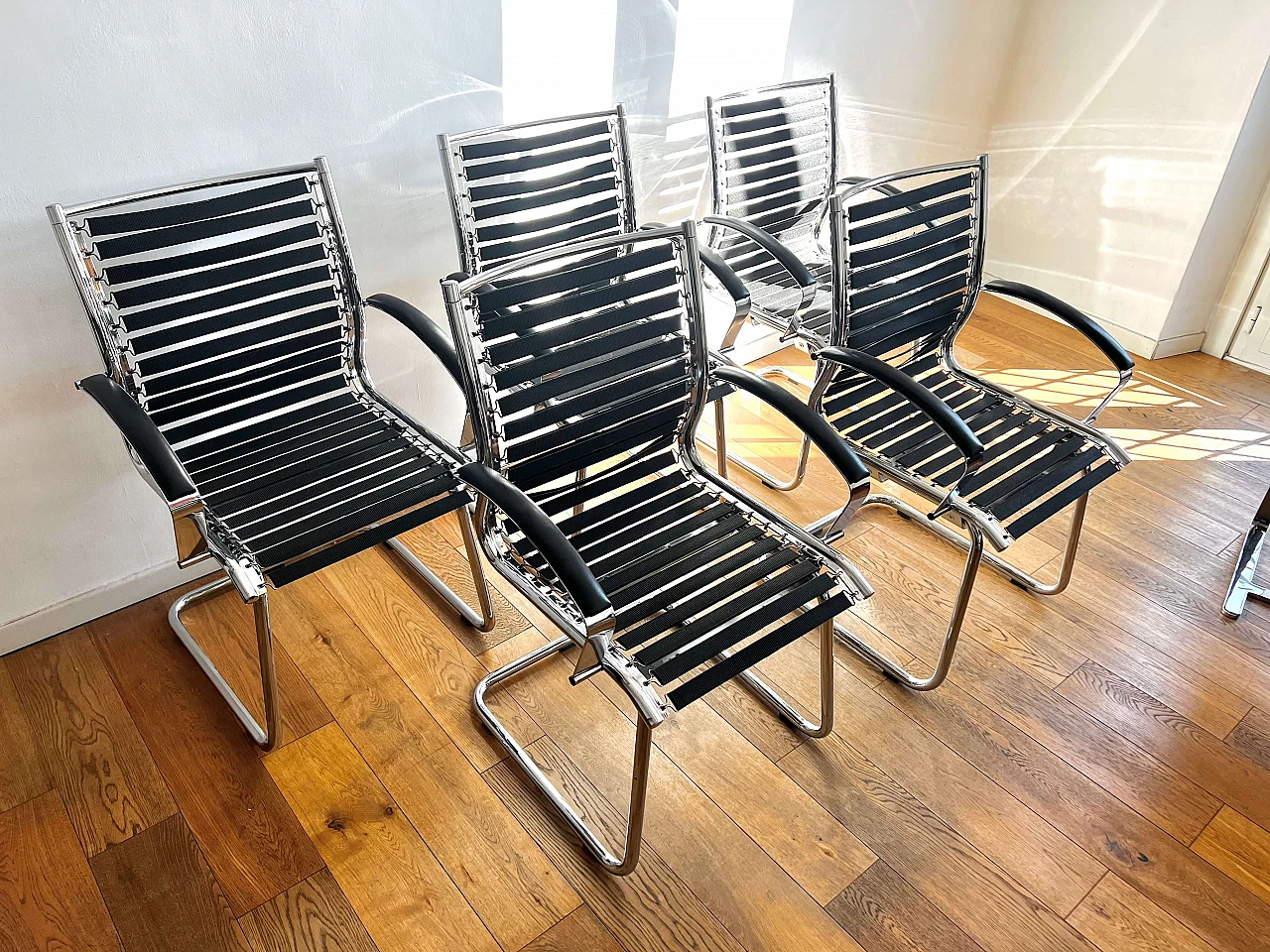 5 Cantilever chairs with tubular stainless steel structure, 1980s 1