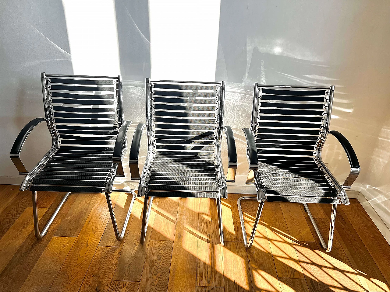 5 Cantilever chairs with tubular stainless steel structure, 1980s 2