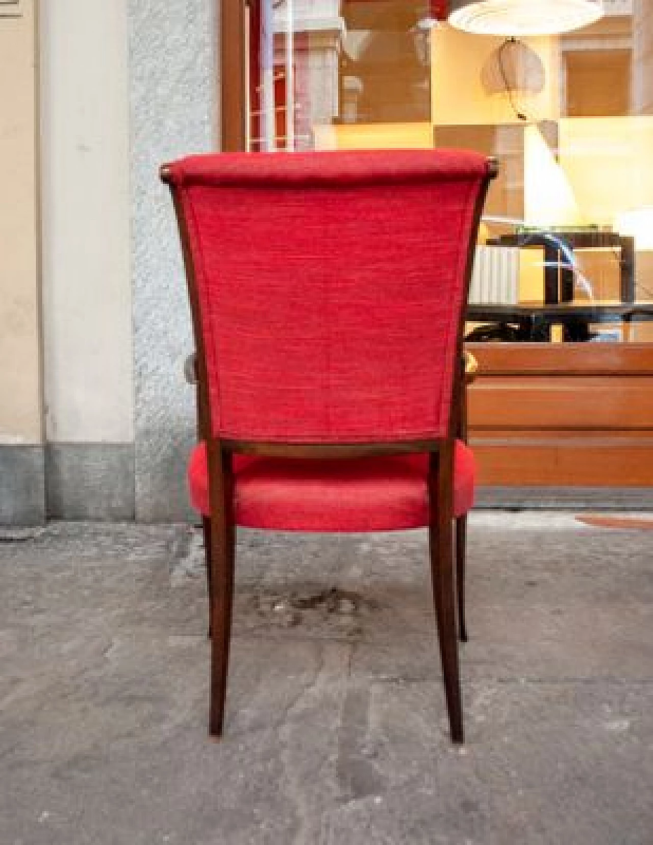 Pair of wooden armchairs with red fabric upholstery, 1950s 2