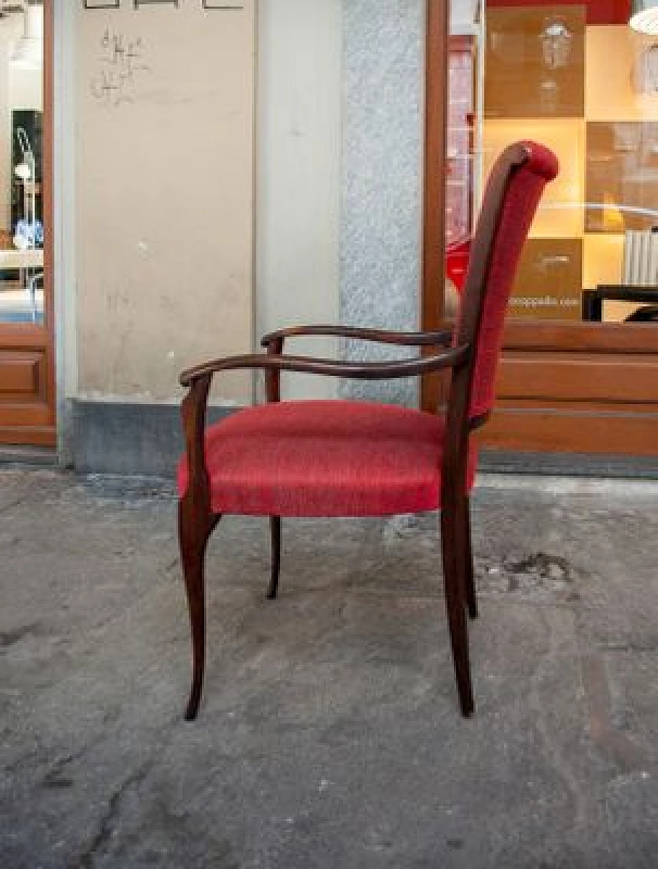 Pair of wooden armchairs with red fabric upholstery, 1950s 3