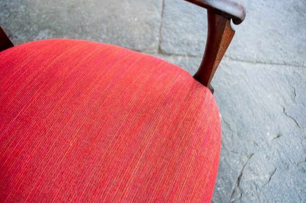 Pair of wooden armchairs with red fabric upholstery, 1950s 6