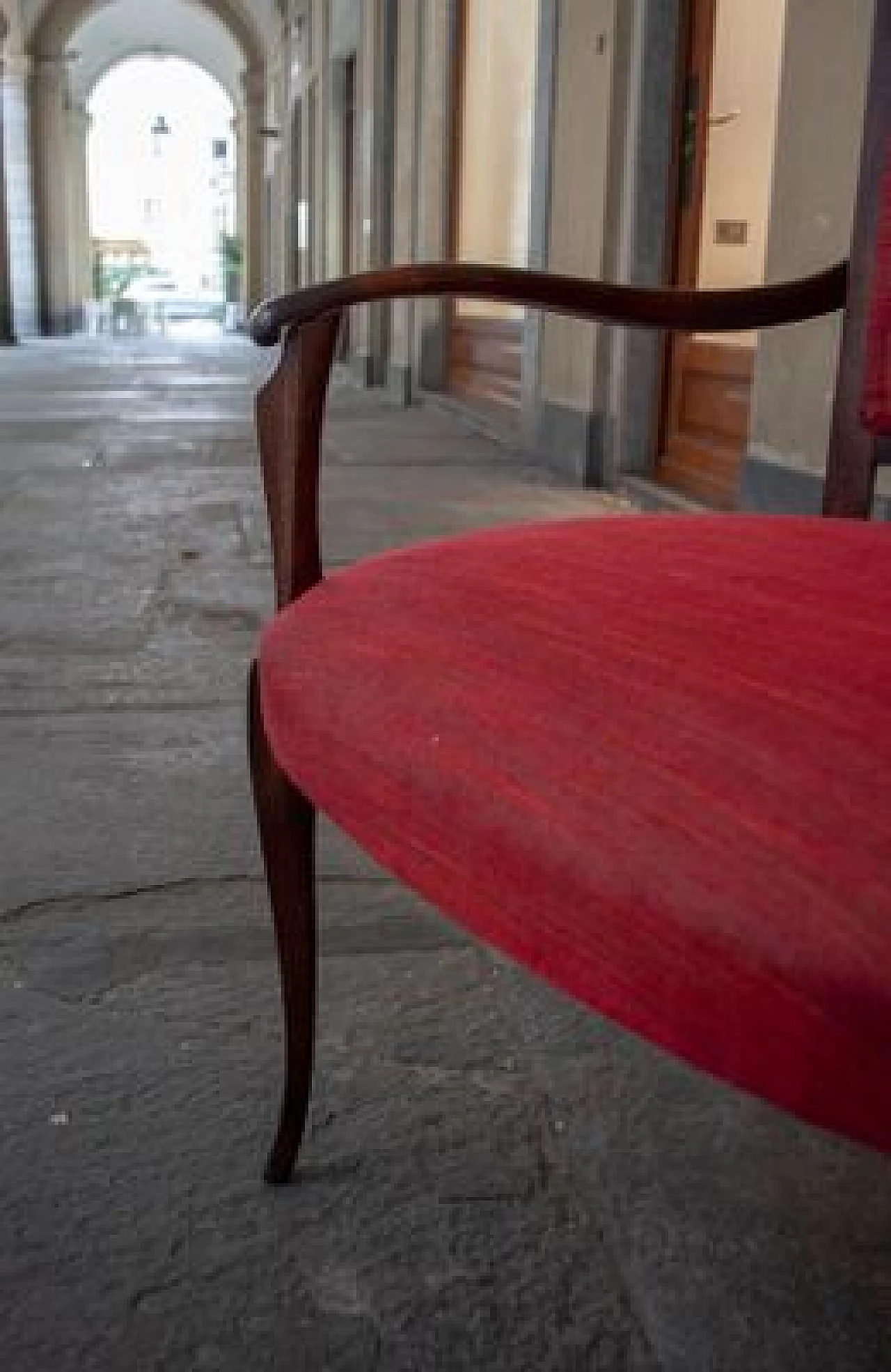 Pair of wooden armchairs with red fabric upholstery, 1950s 9