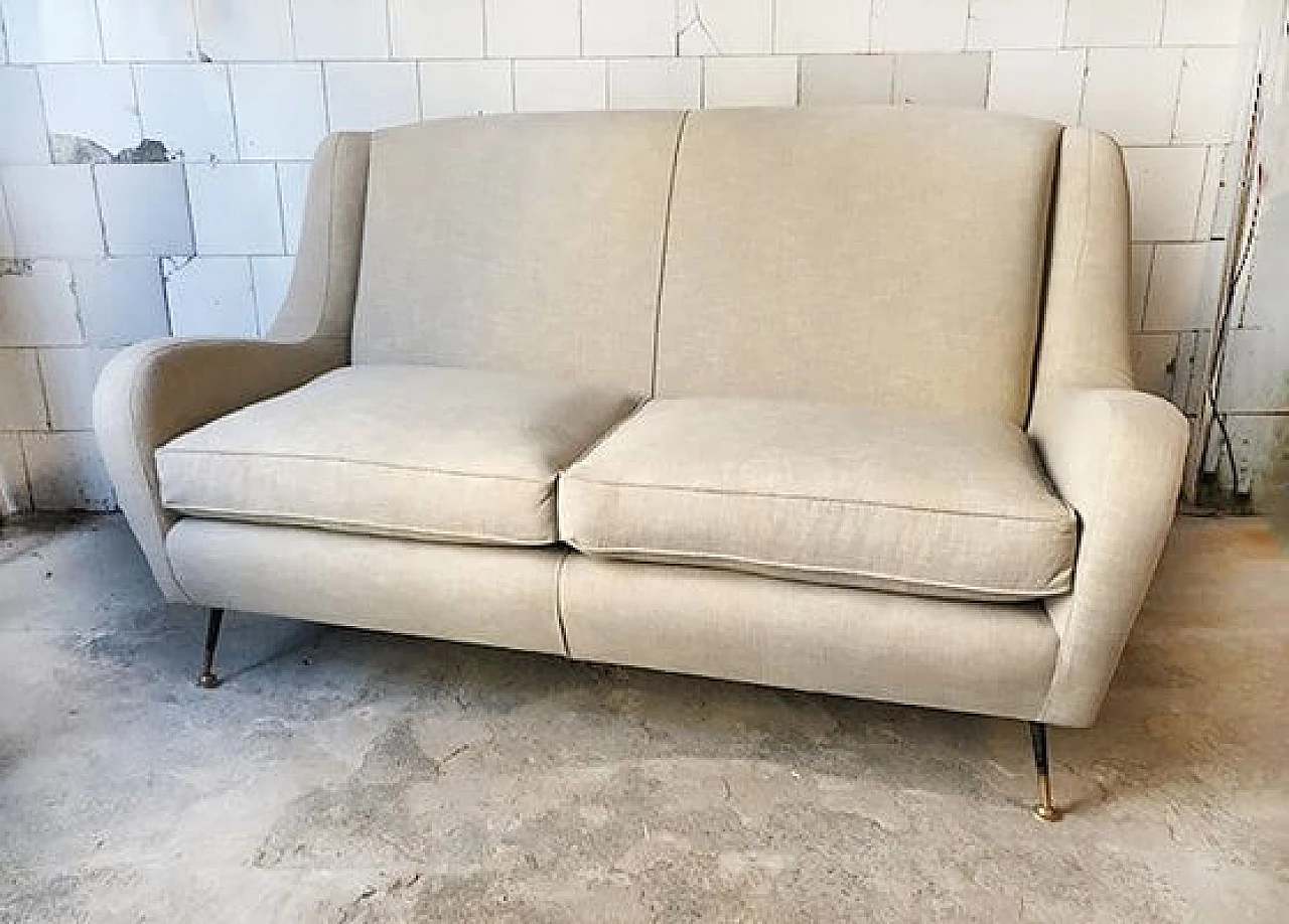 Sofa with padded seats and brass legs, 1950s 1