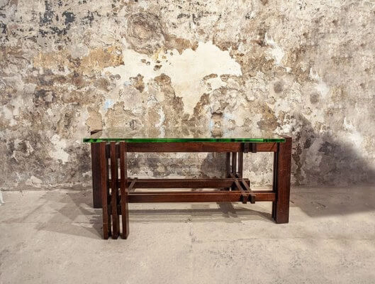 Coffee table with wooden base & glass Top, 1950s 1