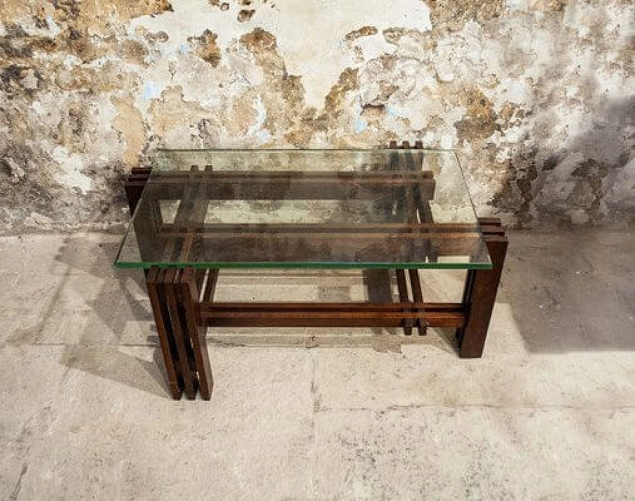 Coffee table with wooden base & glass Top, 1950s 2