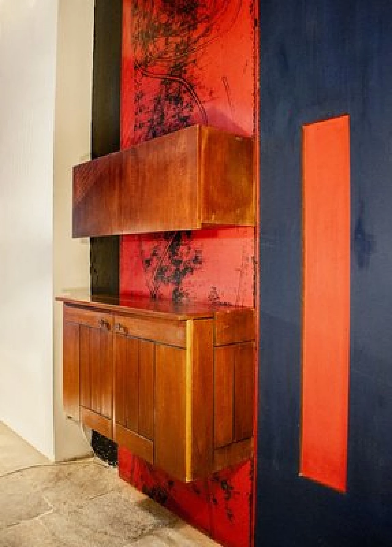 Wooden wall unit with bar cabinet decorated with boiserie, 1958 3