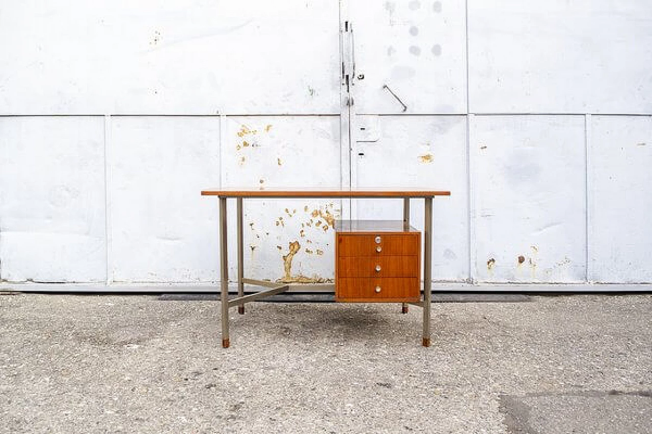 Nickel-plated metal and teak desk, 1960s 1