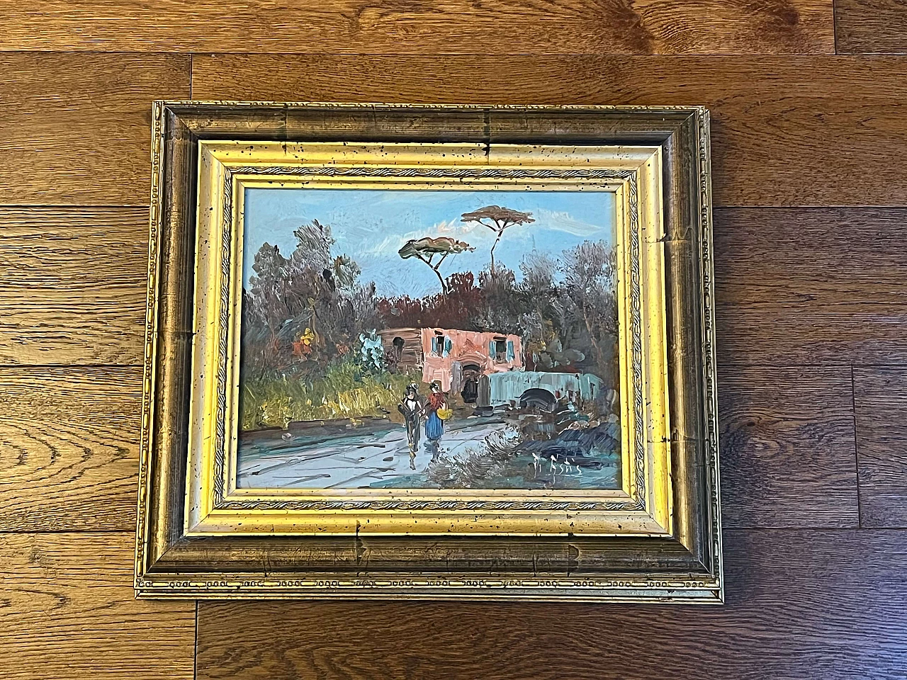 Safe cover painting with landscape, buildings and figures, early 20th century 2