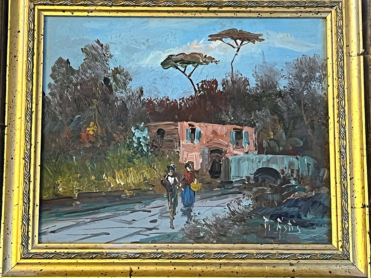 Safe cover painting with landscape, buildings and figures, early 20th century 3