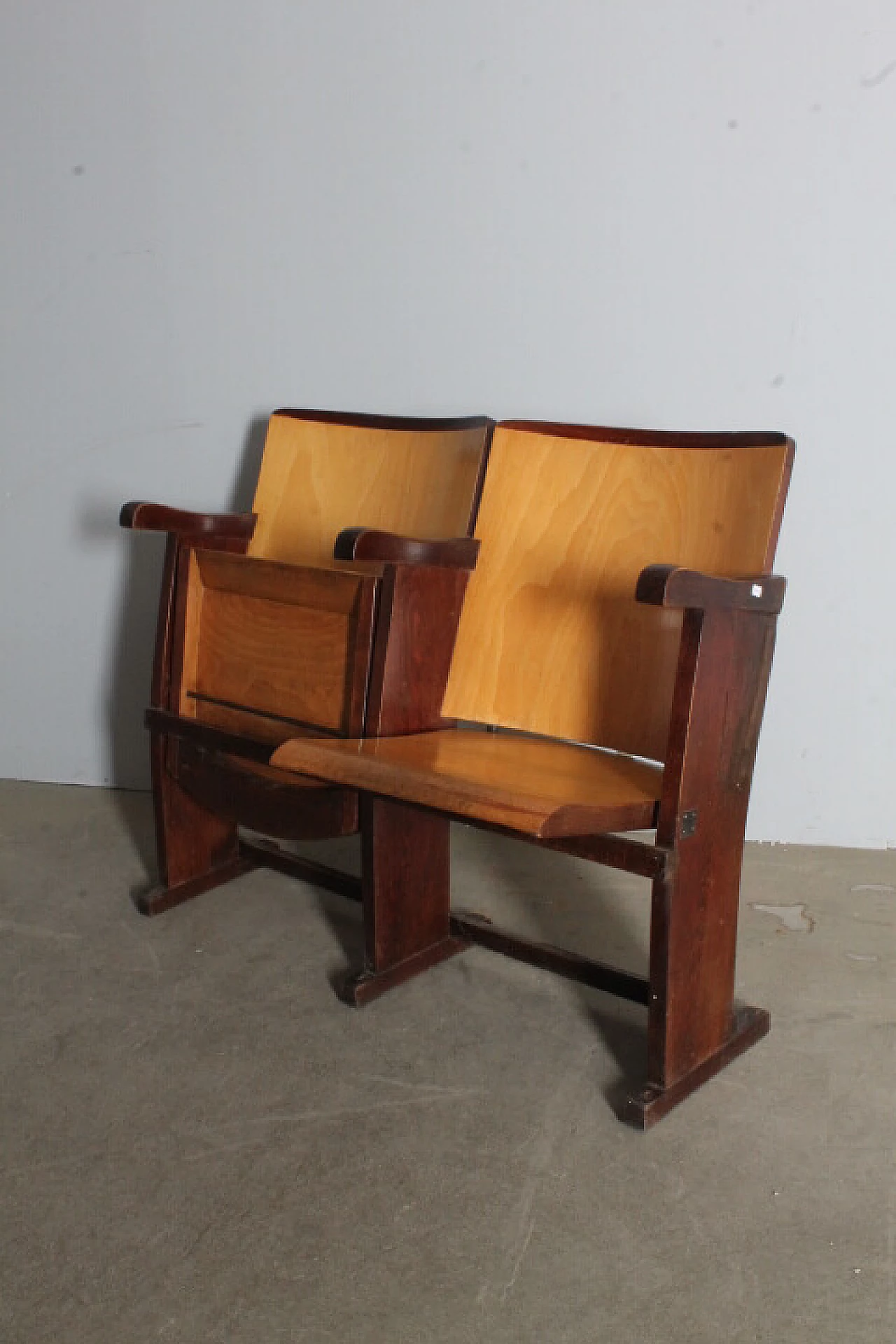 Pair of two-tone wood cinema armchairs, 1950s 6