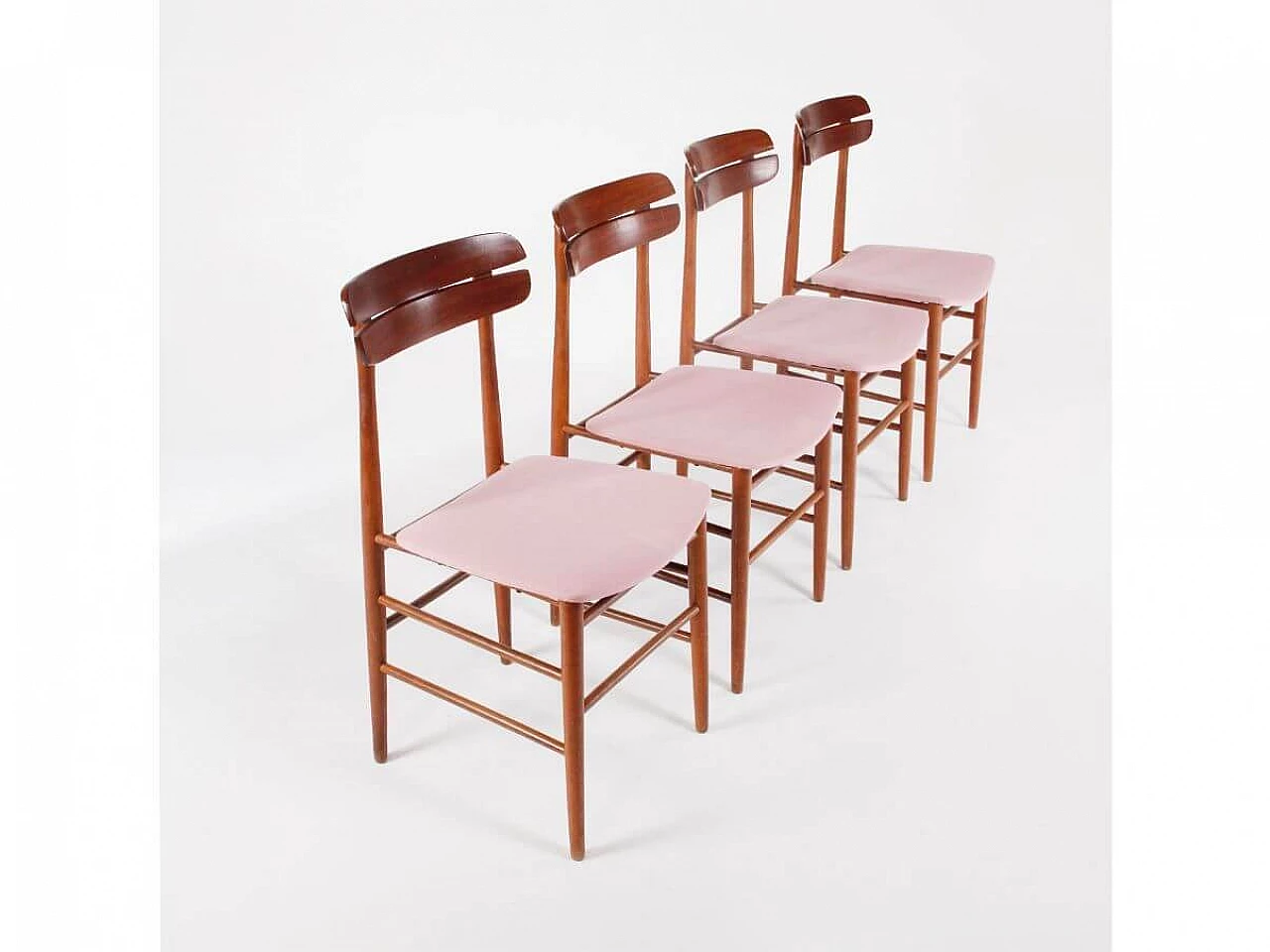 4 Chairs in wood and pink fabric, 1960s 1