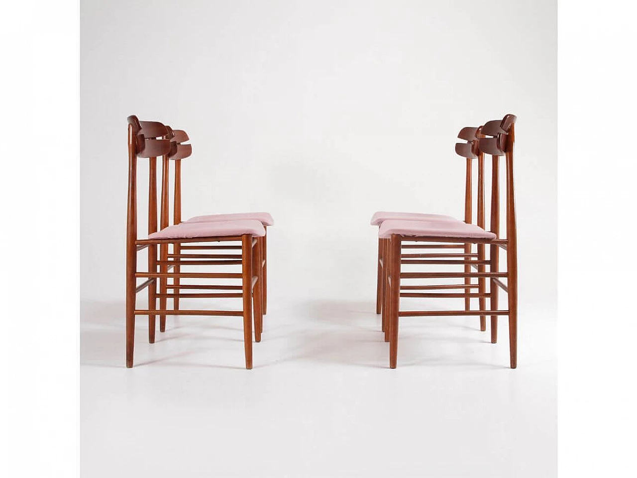 4 Chairs in wood and pink fabric, 1960s 3