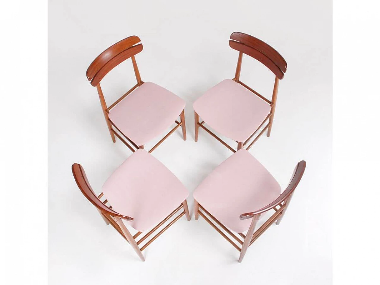 4 Chairs in wood and pink fabric, 1960s 4