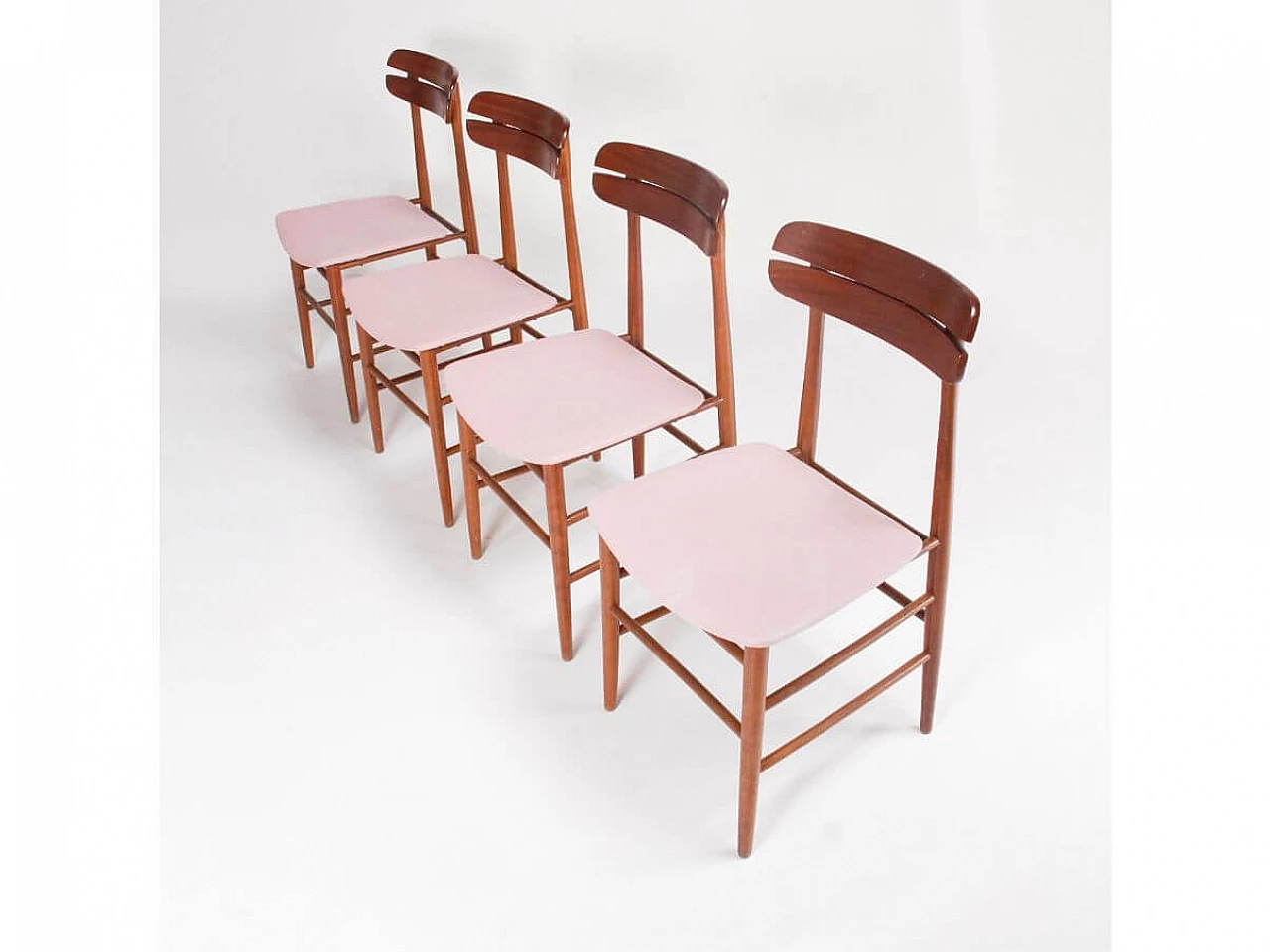 4 Chairs in wood and pink fabric, 1960s 5