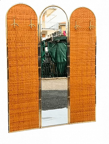 Pair of coat racks and mirror in bamboo and brass, 1960s