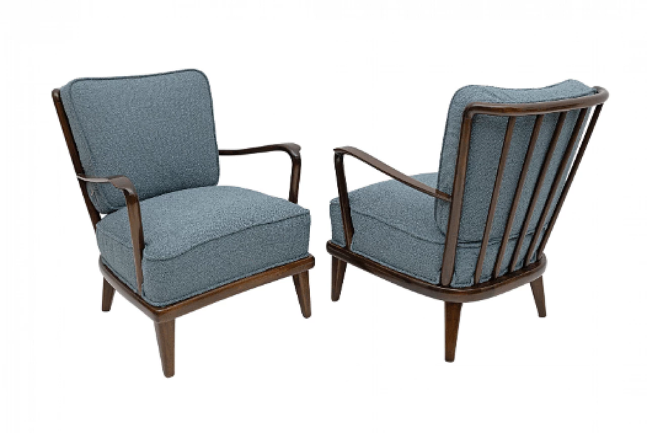 Pair of walnut and blue bouclé fabric armchairs, 1950s 1