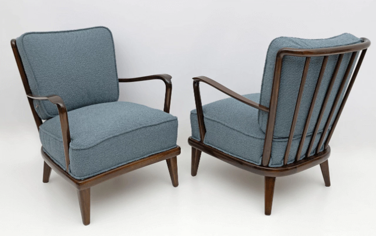 Pair of walnut and blue bouclé fabric armchairs, 1950s 2