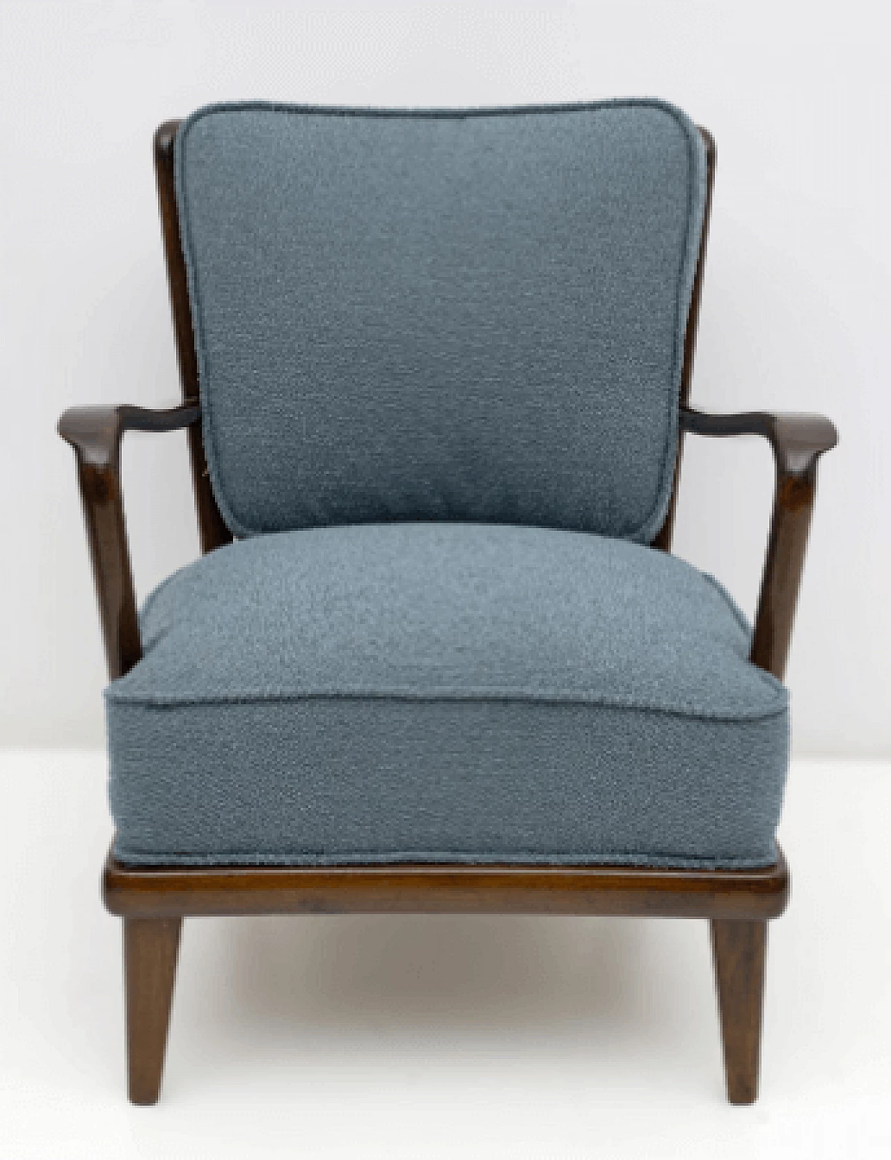 Pair of walnut and blue bouclé fabric armchairs, 1950s 3