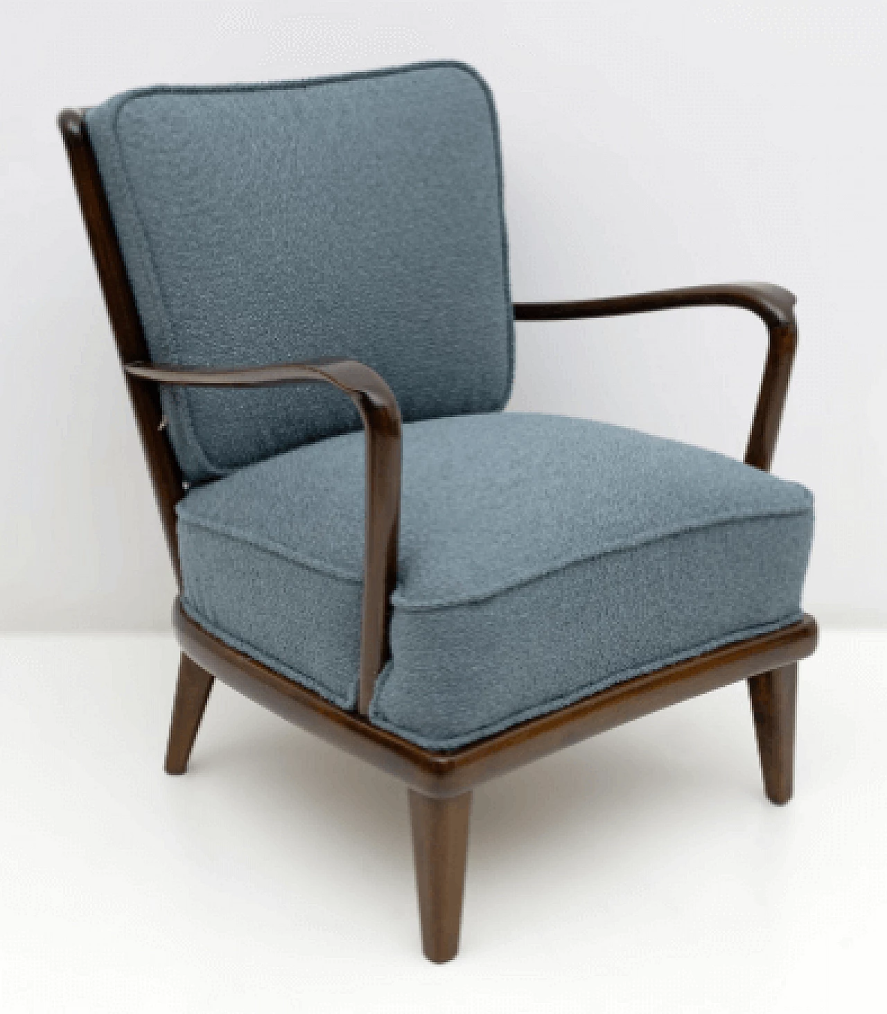 Pair of walnut and blue bouclé fabric armchairs, 1950s 4