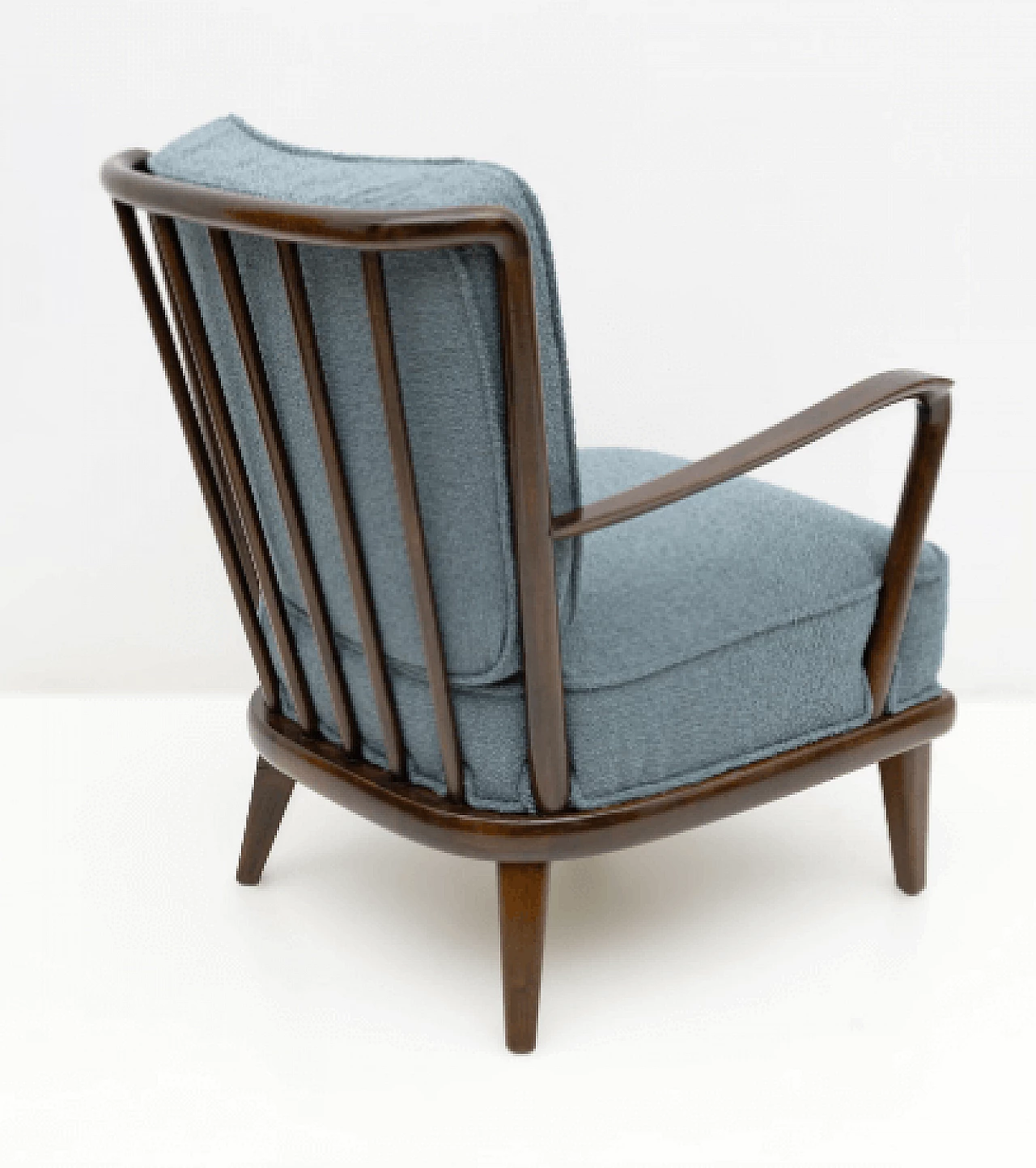 Pair of walnut and blue bouclé fabric armchairs, 1950s 5