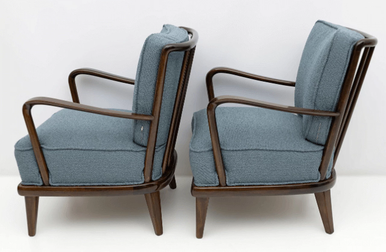 Pair of walnut and blue bouclé fabric armchairs, 1950s 6