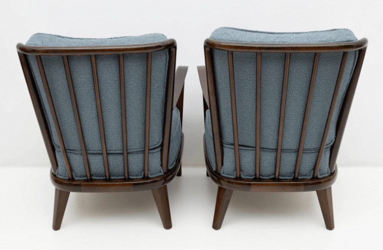 Pair of walnut and blue bouclé fabric armchairs, 1950s 7