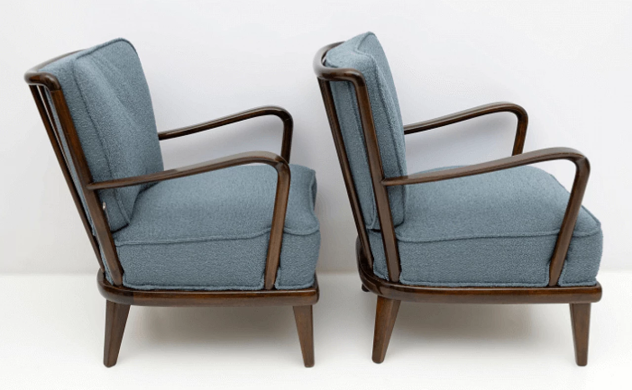 Pair of walnut and blue bouclé fabric armchairs, 1950s 8