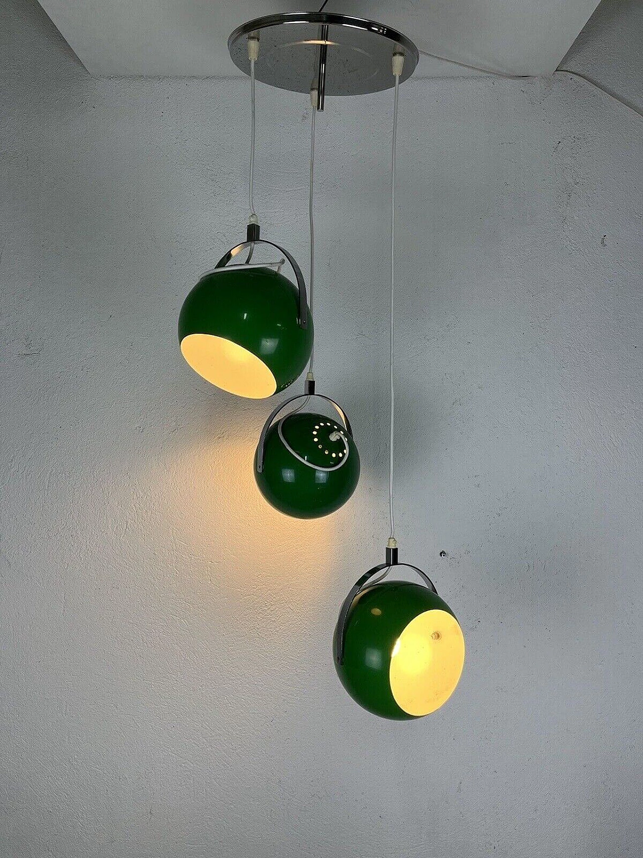 Lampadario in metallo cromato e verde di Reggiani Illuminazione, anni '70 7