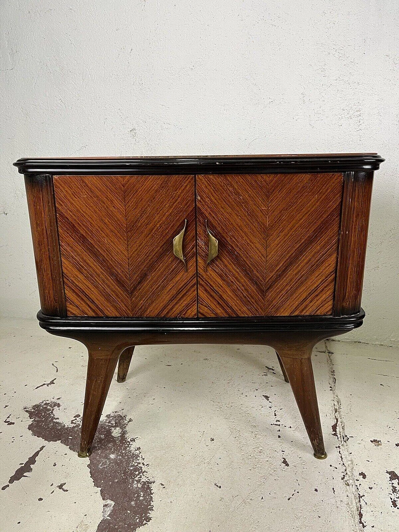 Pair of wood, brass and pink glass bedside tables, 1960s 2