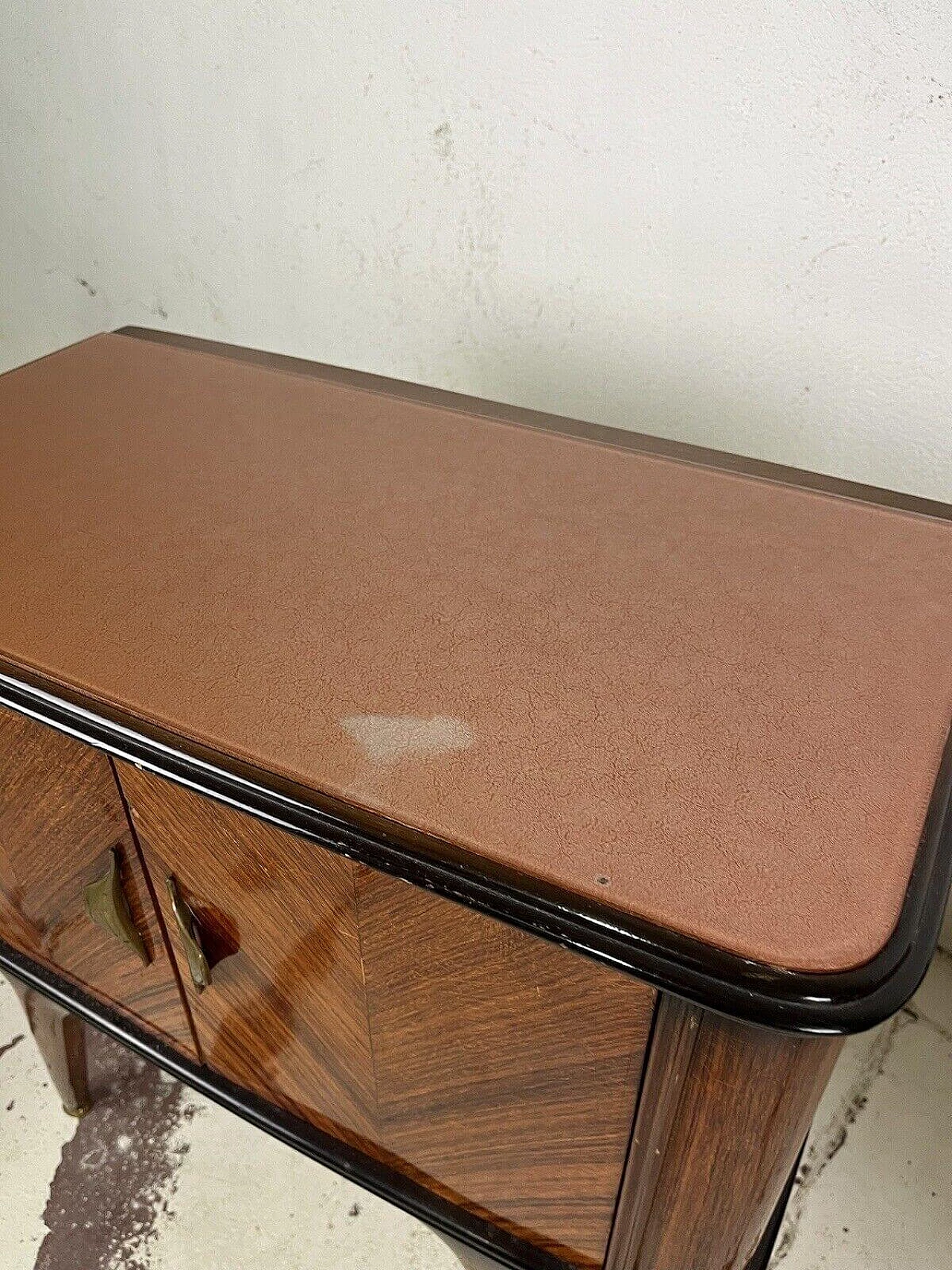 Pair of wood, brass and pink glass bedside tables, 1960s 6