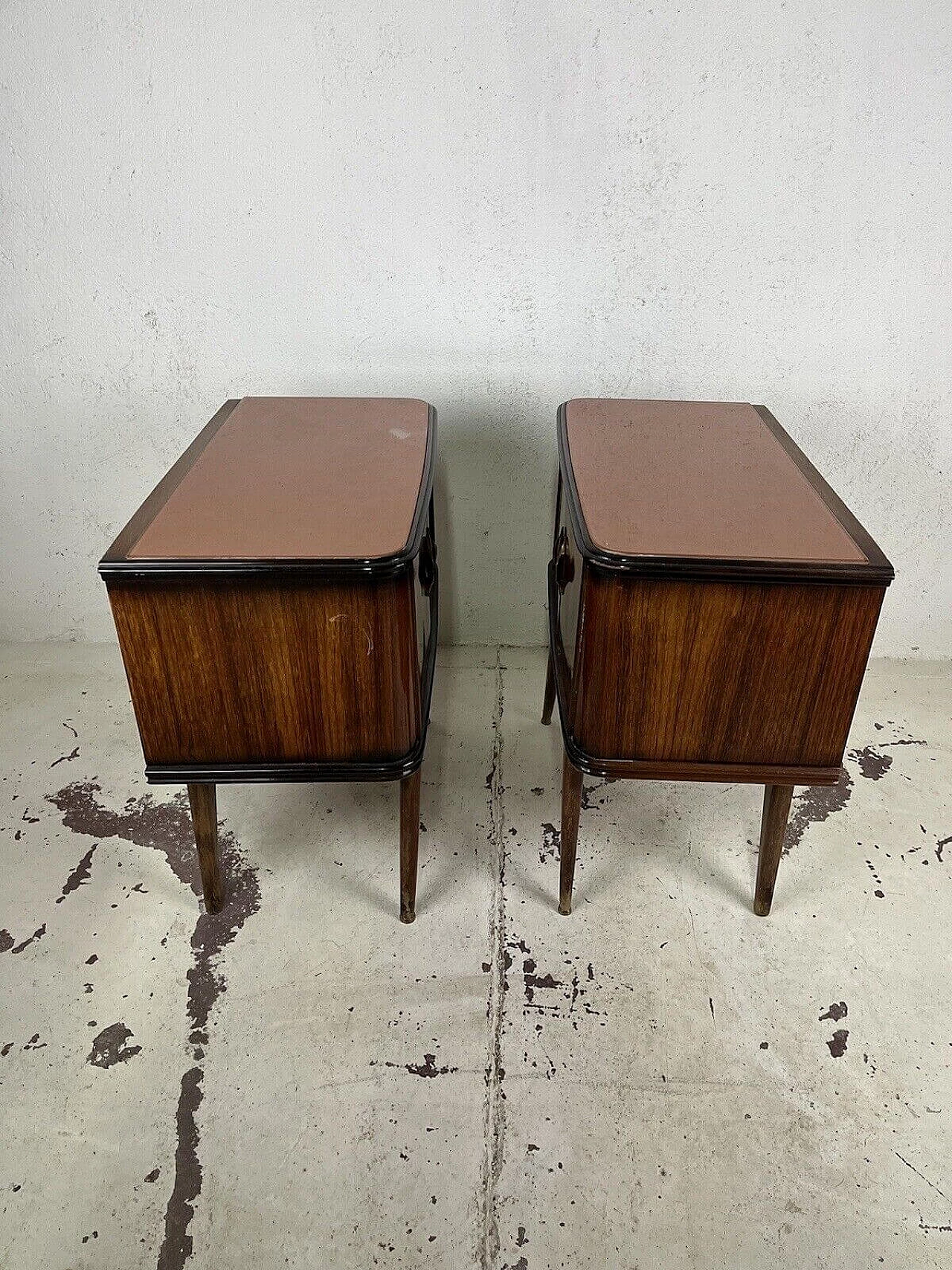 Pair of wood, brass and pink glass bedside tables, 1960s 7