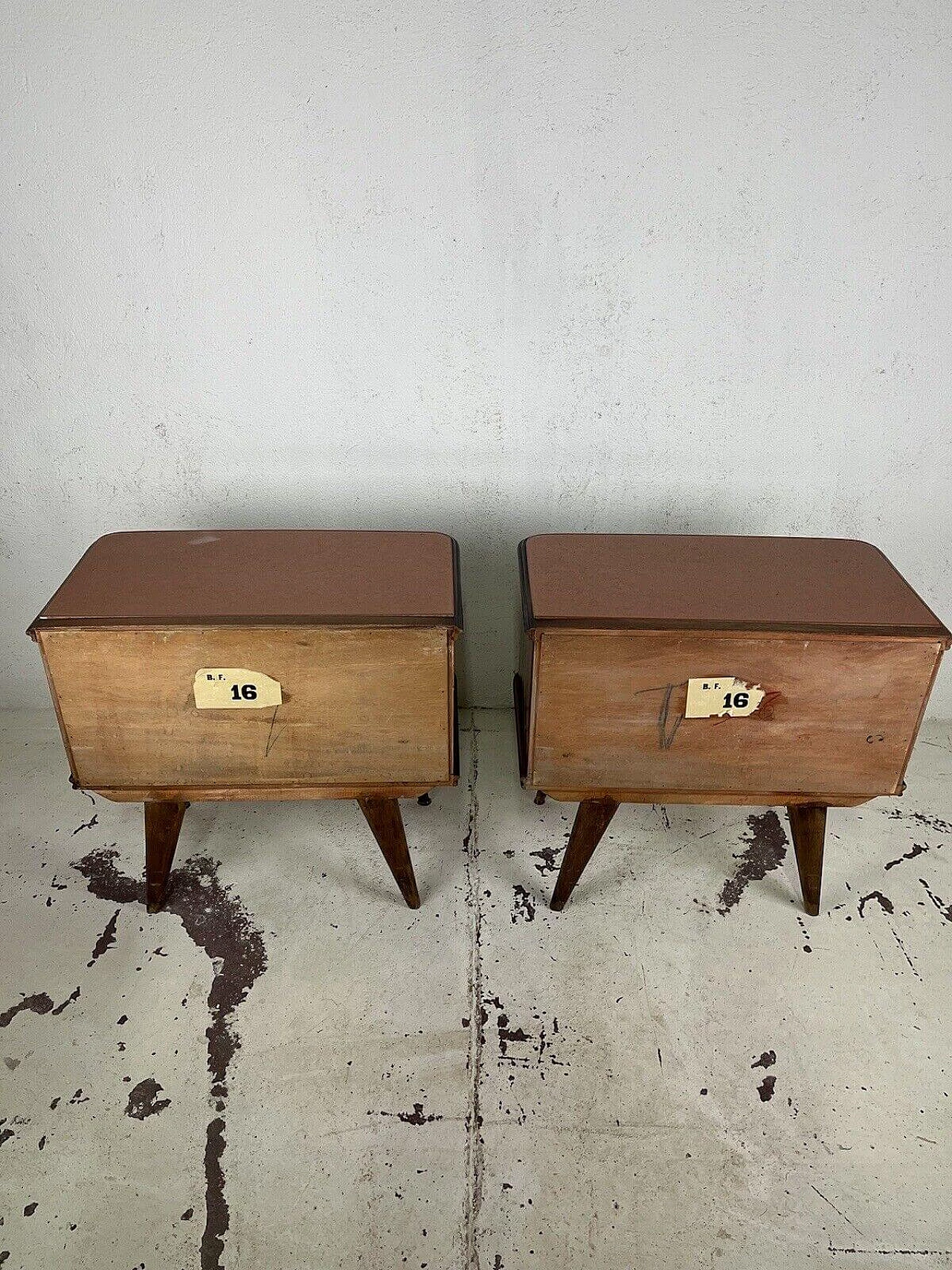 Pair of wood, brass and pink glass bedside tables, 1960s 10