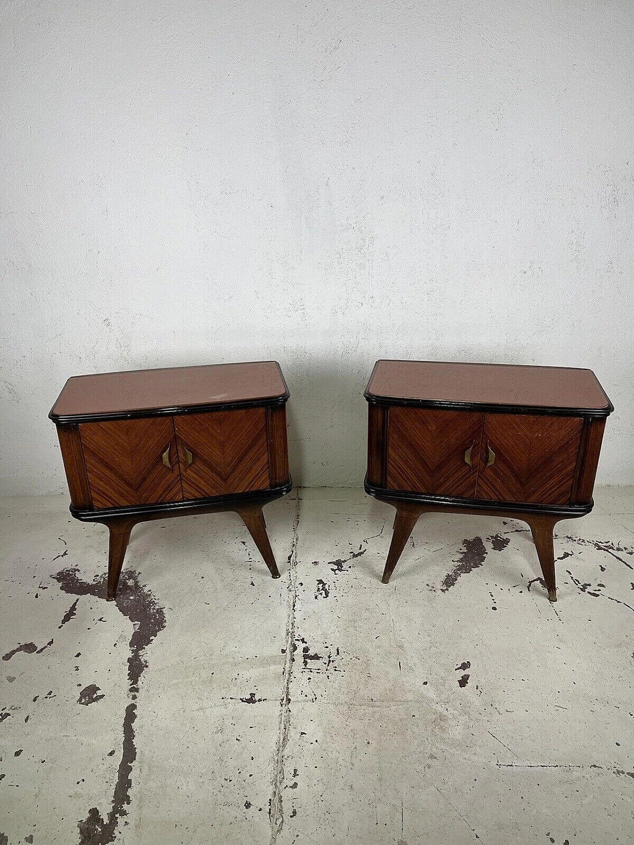 Pair of wood, brass and pink glass bedside tables, 1960s 11