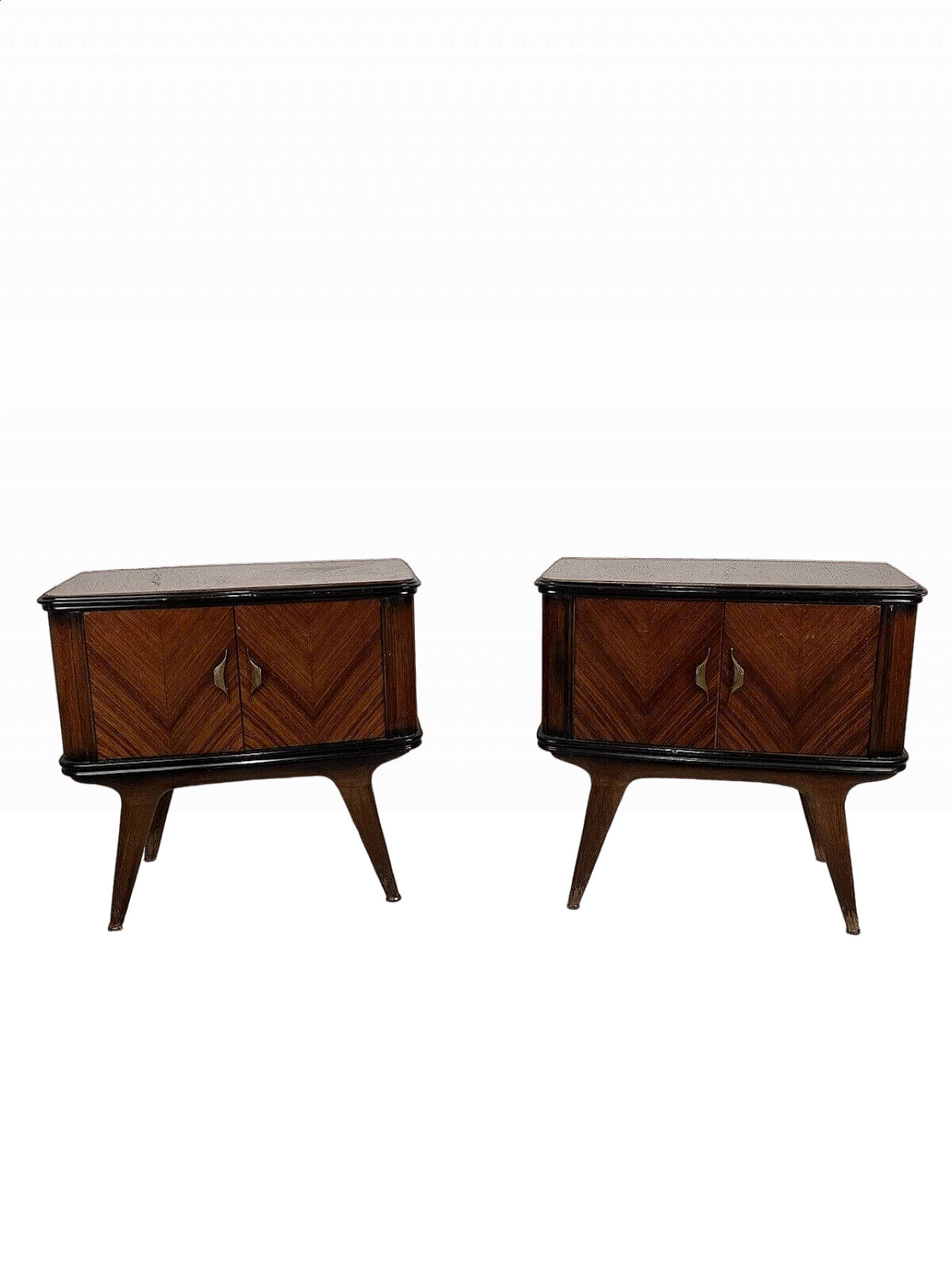 Pair of wood, brass and pink glass bedside tables, 1960s 12