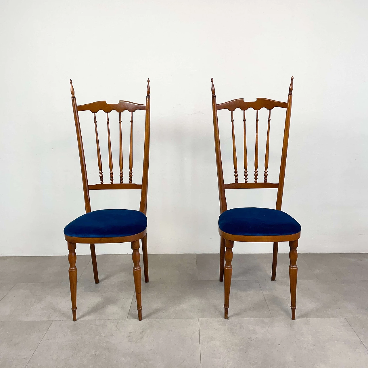 Pair of wooden Chiavarine chairs with blue velvet seat, 1950s 1