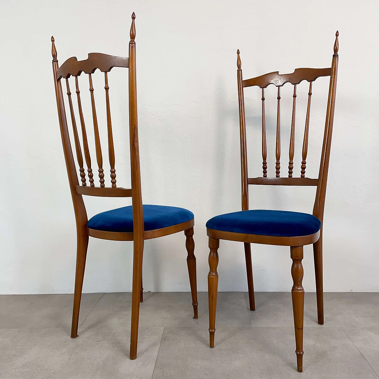 Pair of wooden Chiavarine chairs with blue velvet seat, 1950s 2