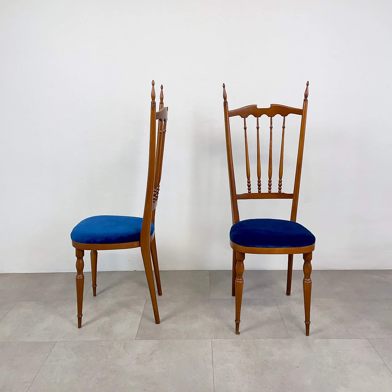 Pair of wooden Chiavarine chairs with blue velvet seat, 1950s 3