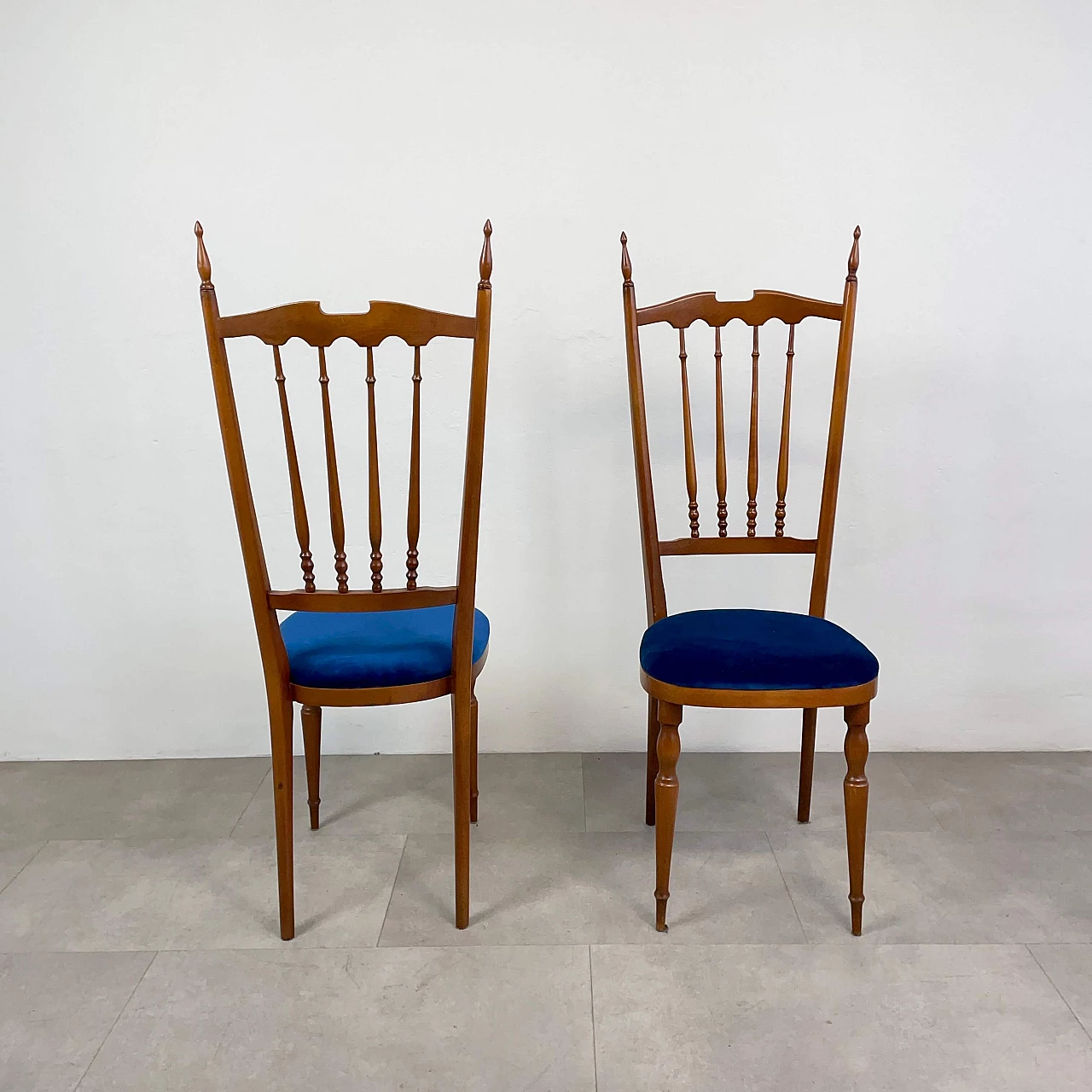 Pair of wooden Chiavarine chairs with blue velvet seat, 1950s 4