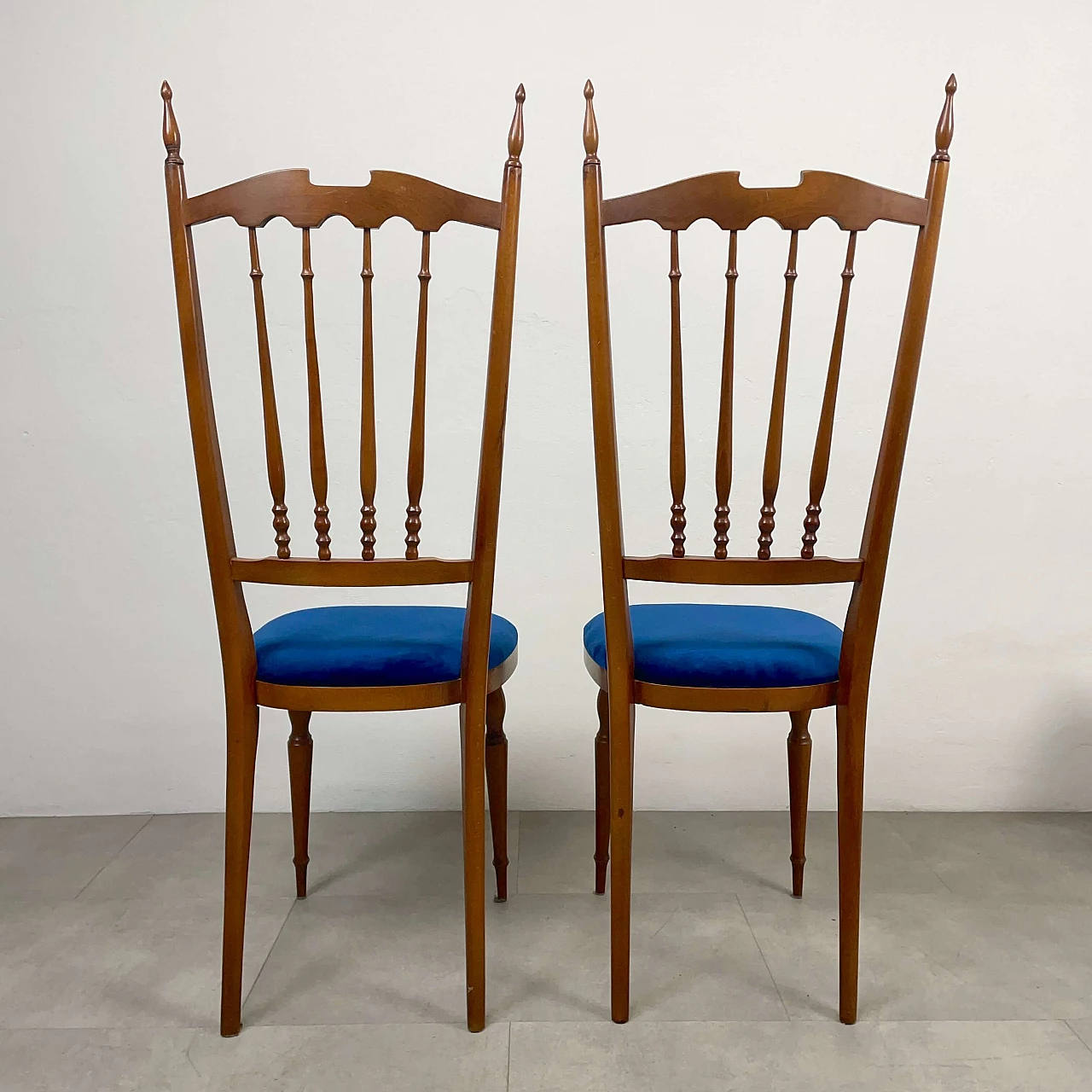 Pair of wooden Chiavarine chairs with blue velvet seat, 1950s 5