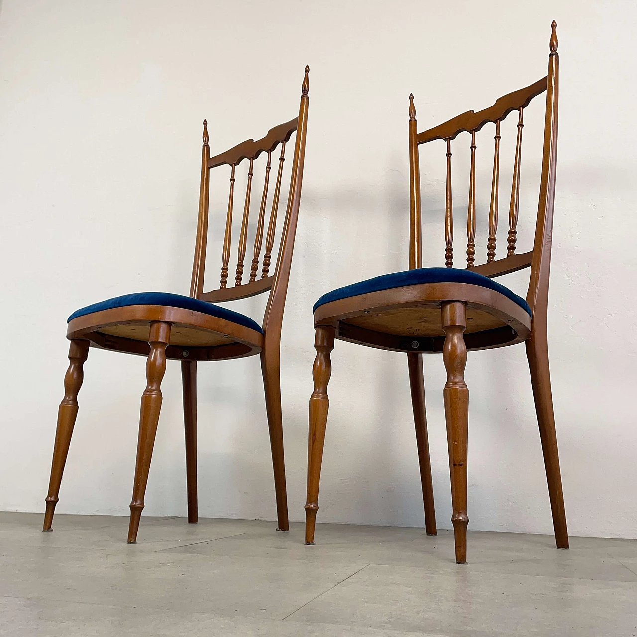 Pair of wooden Chiavarine chairs with blue velvet seat, 1950s 6