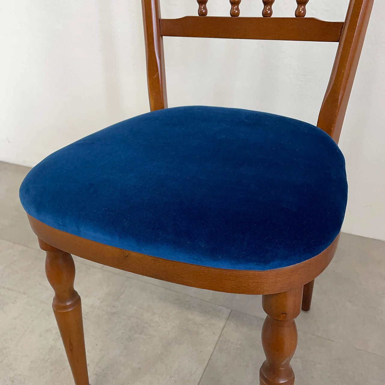 Pair of wooden Chiavarine chairs with blue velvet seat, 1950s 7