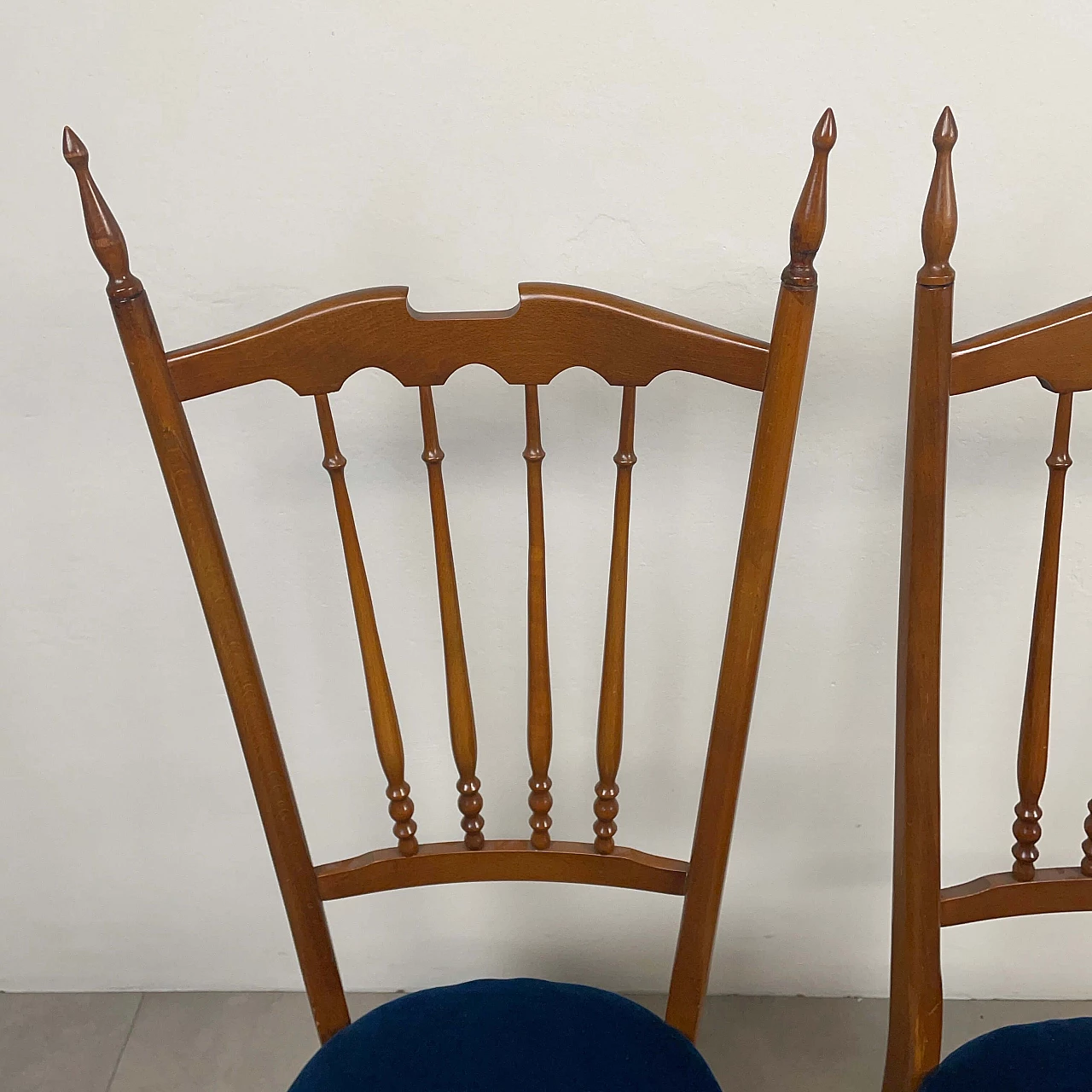 Pair of wooden Chiavarine chairs with blue velvet seat, 1950s 9