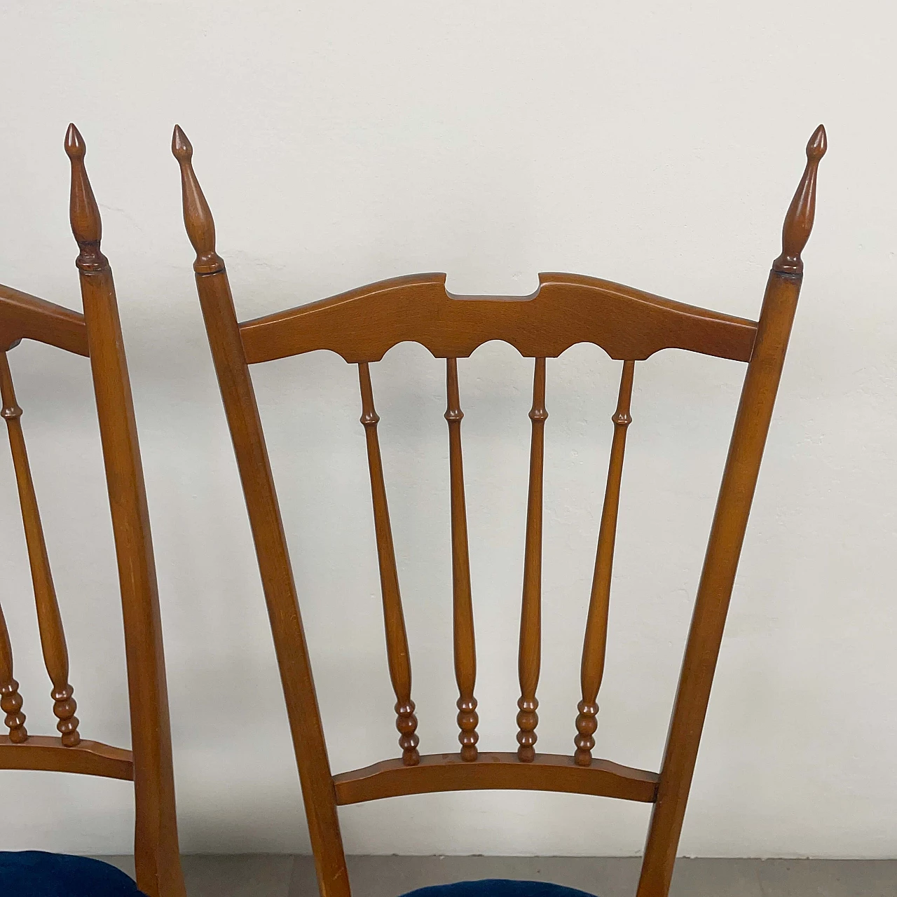 Pair of wooden Chiavarine chairs with blue velvet seat, 1950s 10