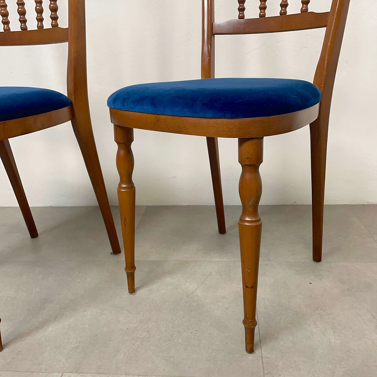 Pair of wooden Chiavarine chairs with blue velvet seat, 1950s 12