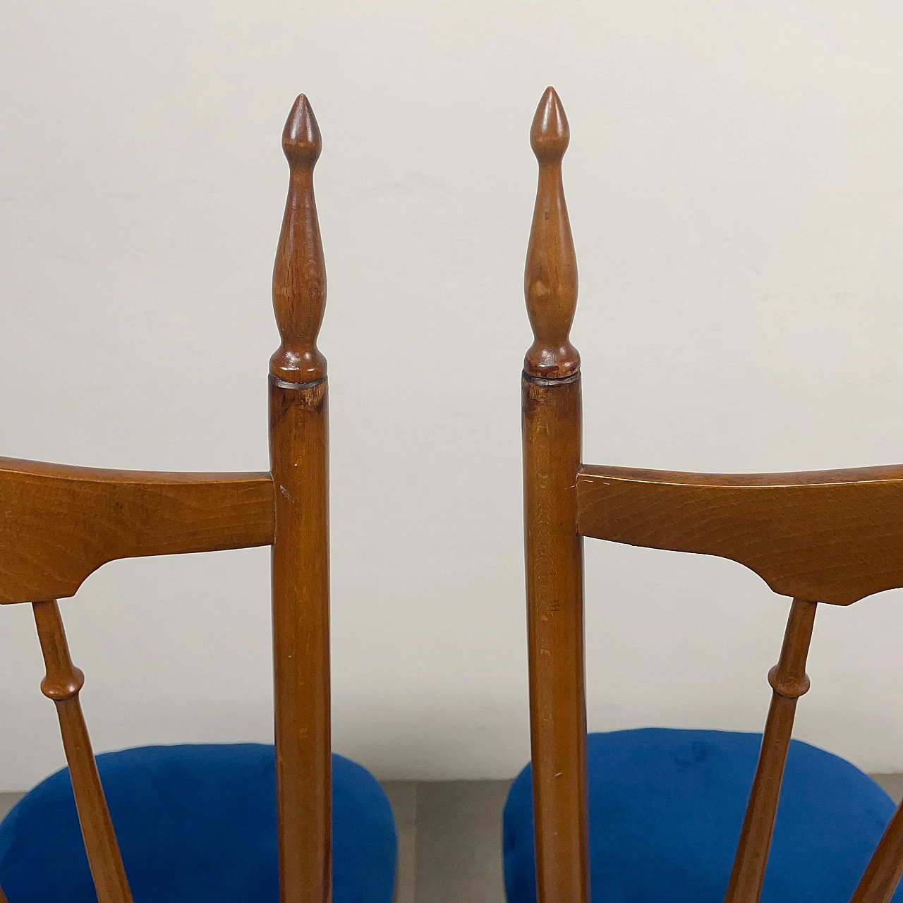 Pair of wooden Chiavarine chairs with blue velvet seat, 1950s 13