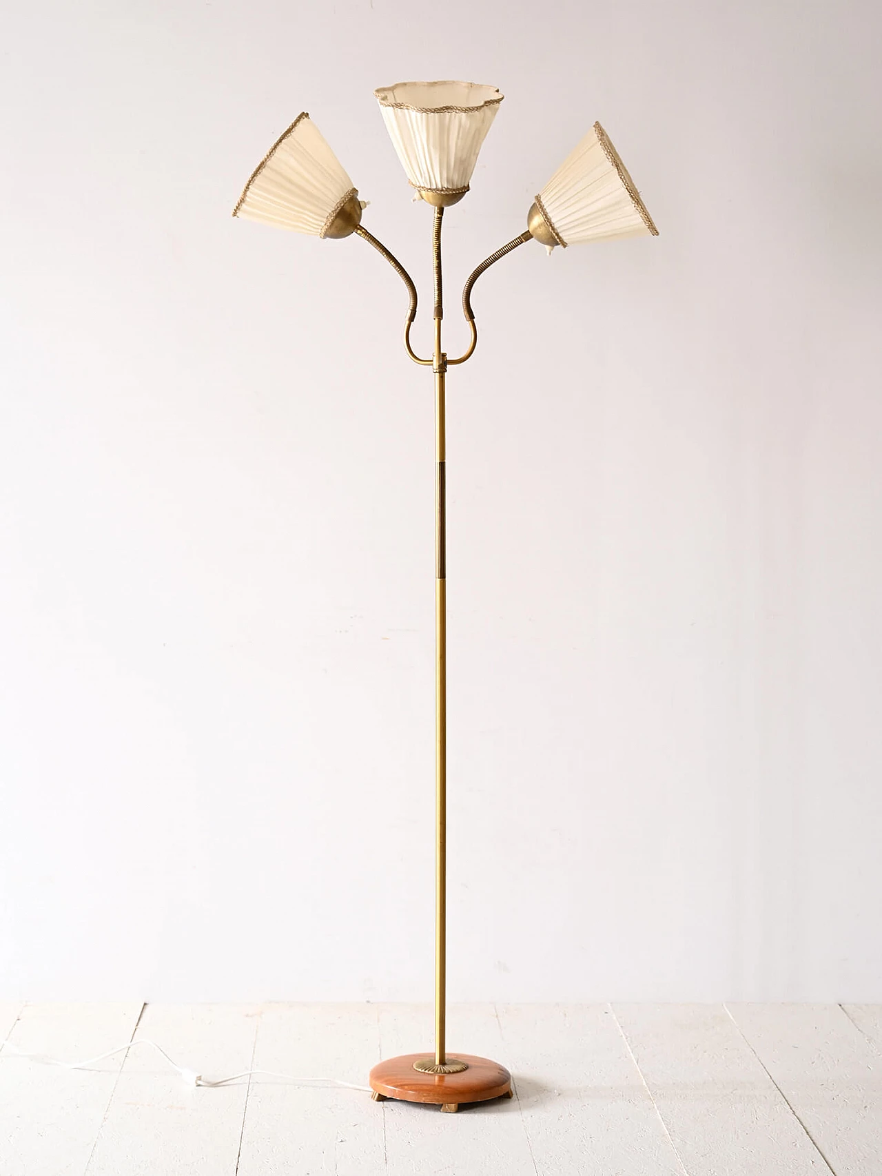 Scandinavian three-light metal, wood and fabric floor lamp, 1960s 1