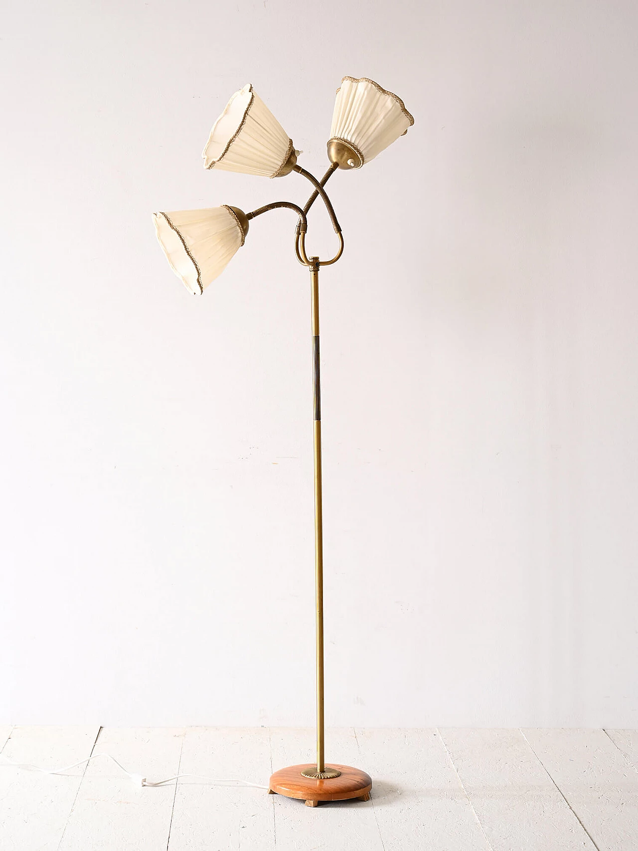 Scandinavian three-light metal, wood and fabric floor lamp, 1960s 2