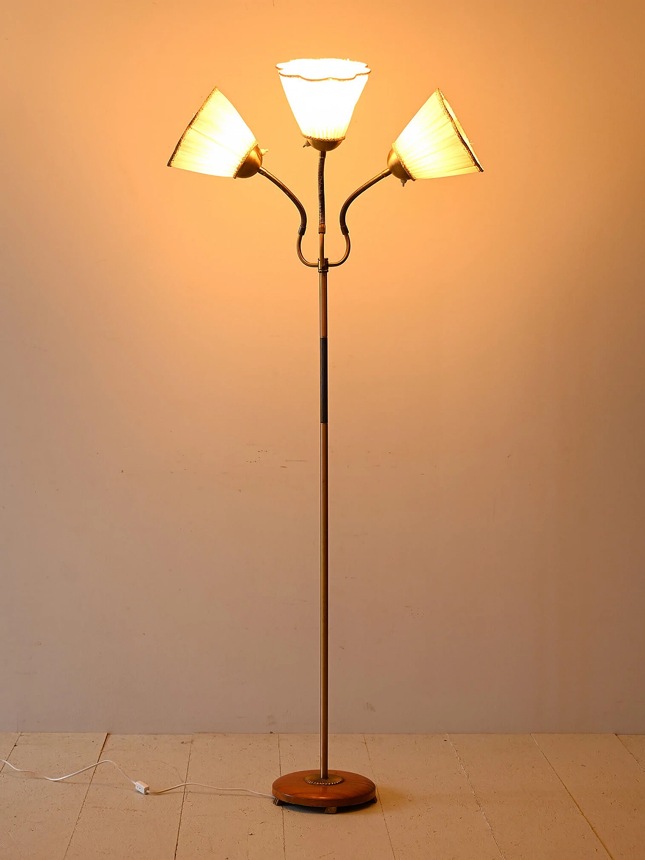 Scandinavian three-light metal, wood and fabric floor lamp, 1960s 3